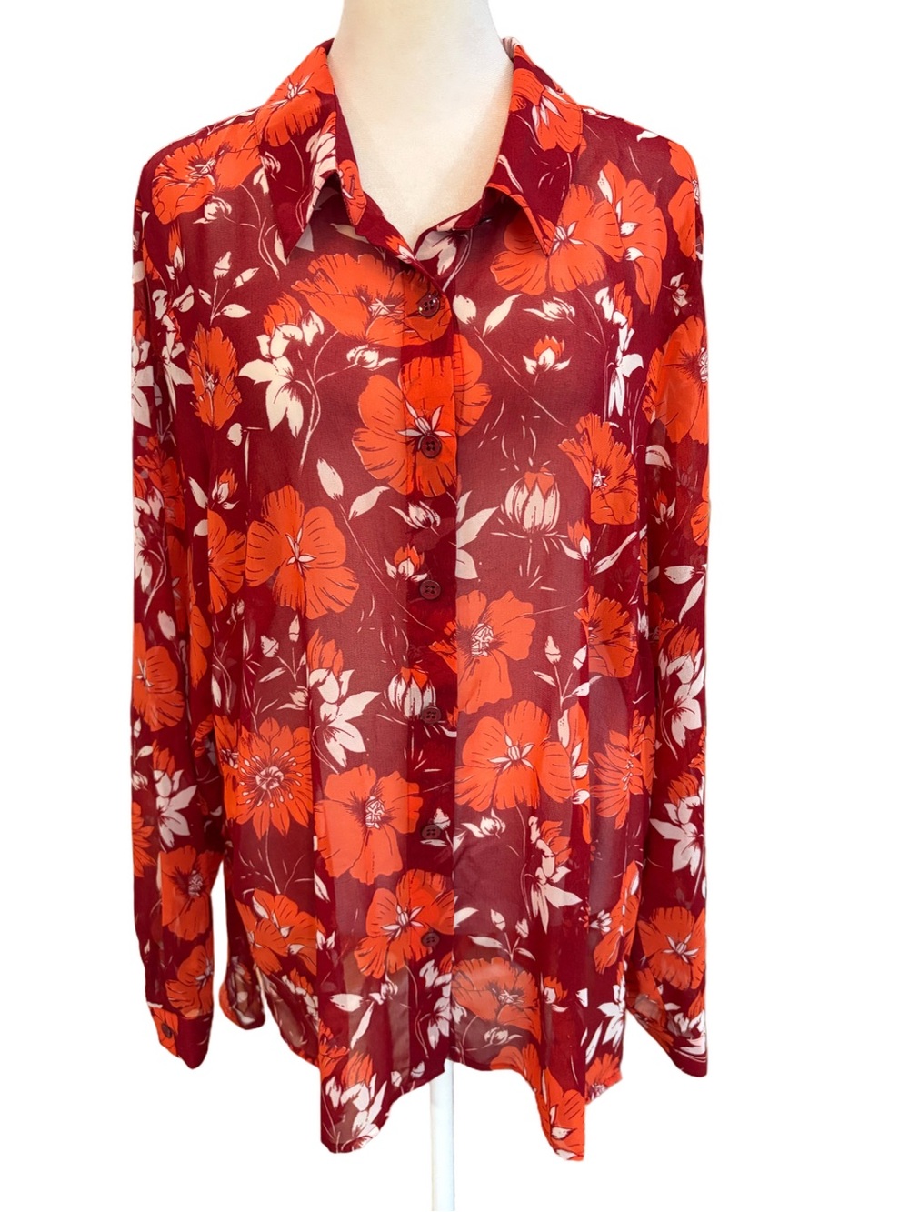 Cabi Sz XL Sheer Floral Button Front Long Sleeve Blouse. Fall color floral hi lo